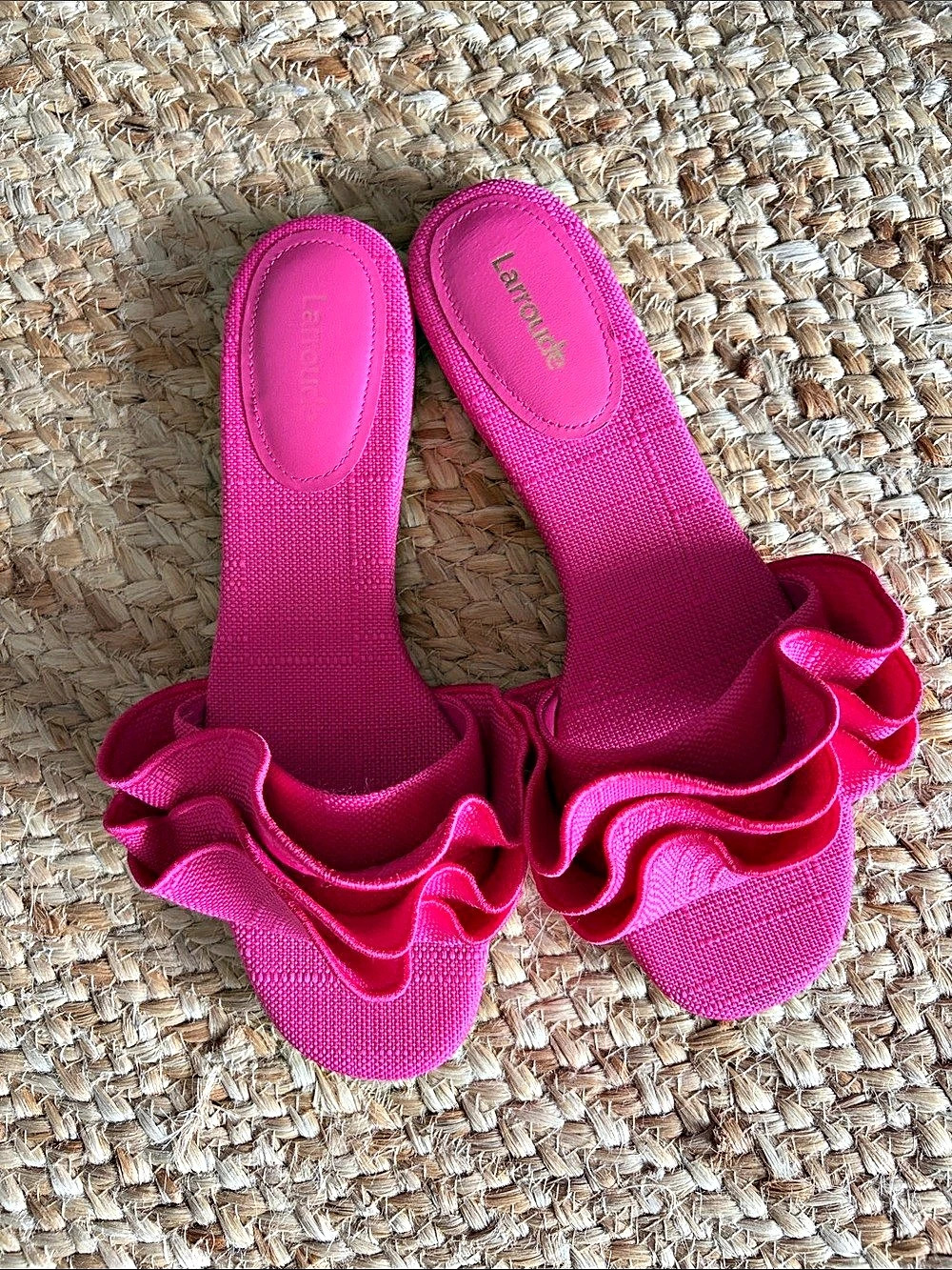Larroude Ruffle Flat Slide Sandal Pink US 9
